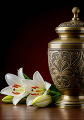 Decorative urn with white lilies on wooden table with dark background  