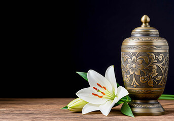 Decorative urn with white lily flower on wooden table against black background  