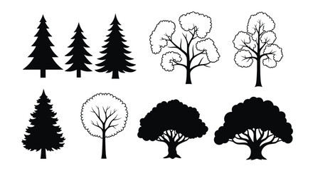 A collection of varied tree silhouettes and outlines including coniferous and deciduous varieties.