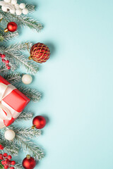 Christmas flat lay background on blue.