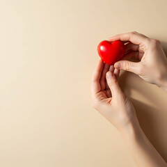 Hands holding red heart shape on neutral background  