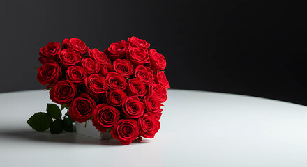 Red roses arranged in heart shape on a white table against black background  