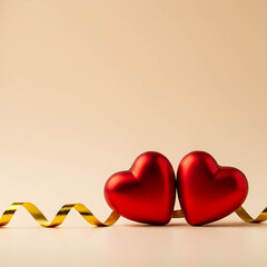 Red hearts with golden ribbon on neutral background  