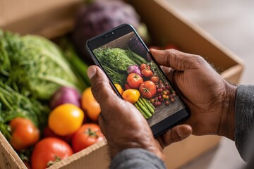 Person using smartphone to photograph fresh vegetables on market stall with lettuce, tomatoes and peppers. Concept of healthy eating and digital lifestyle