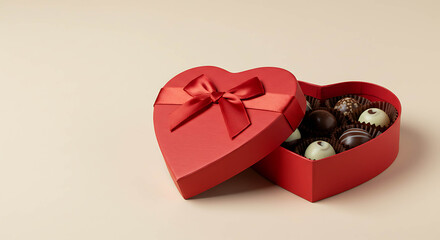 Red heart-shaped box with chocolates and ribbon on pastel background  