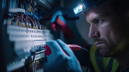 Electrician in safety gloves, helmet, and goggles working on an electrical distribution board