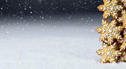 Gingerbread snowflake cookies stacked on snowy background with falling snow  