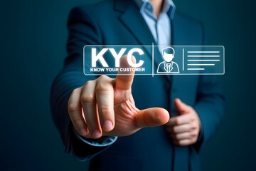 Obraz premium Man in suit touching a kyc know your customer interface with person icon and document lines shown clearly