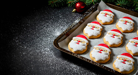 Santa-shaped cookies on tray with festive decorations for Christmas  