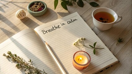 Serene Workspace with Journal, Candle, Herbal Tea, and Natural Elements for Mindfulness and Relaxation Practices