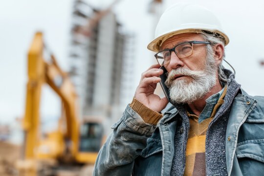 Businessman on Phone at Construction Site with Excavator
