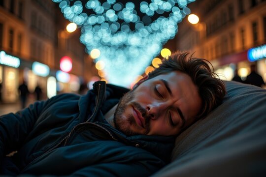 A Homeless Man Sleeping under the Glow of Fairy Lights in a Vibrant City