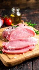 Raw pork loin with sliced pieces on a wooden board