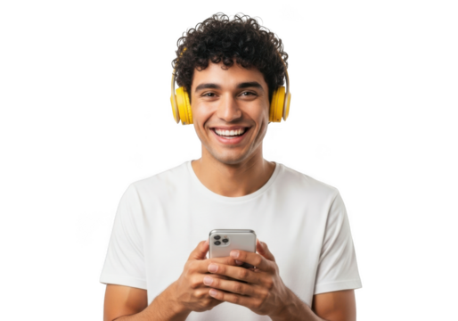 Young man with headphones and smartphone isolated on transparent background - Powered by Adobe
