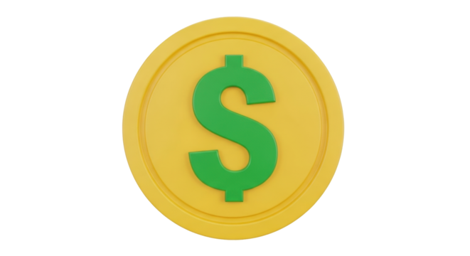 Isolated simple gold coin with green dollar sign, business and finance theme, money concept