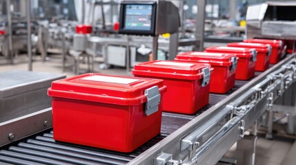 Red Transport Boxes on Production Line in Modern Industrial Facility