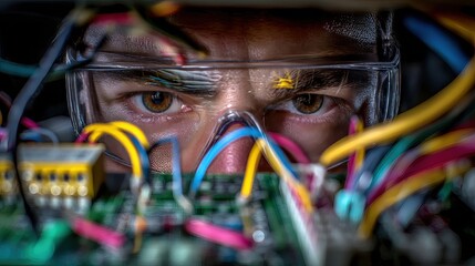 Close-up of Technician in Mask and Goggles Working on Electronic Circuit Board