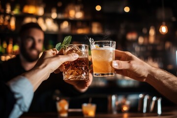 Group of bartenders raising cocktails festive cheers