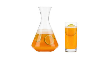 Isolated carafe of citrus drink next to glass full of refreshment with lime wedge on rim