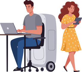 Futuristic office illustration, mobile workspace pod, remote work concept, modern technology collaboration, professional business communication, ergonomic design, digital workplace innovation