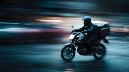 Dynamic motion blur captures a delivery motorcyclist speeding through illuminated city streets at night highlighting the fast paced urban commute