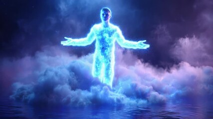 A luminous figure emerges from ethereal clouds, radiating an aura of cosmic energy and light, symbolizing transformation and the connection between worlds in a stunning visual spectacle.