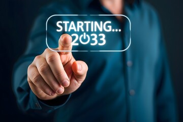 A man presses a button labeled starting with the year twenty thirty three on a touch screen interface