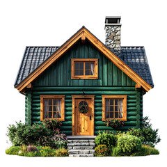 Obraz premium Emerald Green Log Cabin with Rustic Wood Accents PNG
