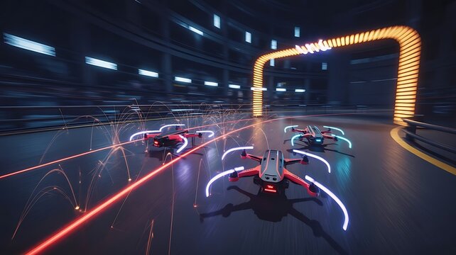 Racing drones with neon lights futuristic speed
