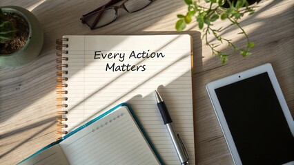 Inspirational Flat Lay with Notebook, Pen, Tablet, Glasses, and Plant on a Sunlit Wooden Table Surface