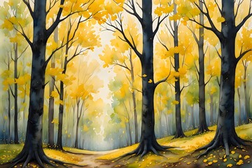 Watercolor painting of a forest with yellow leaves and dark tree trunks in an autumn landscape scene