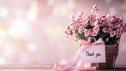 Pink flowers arranged in a small wicker basket with a thank you card and pink ribbon, expressing gratitude against a blurred green background