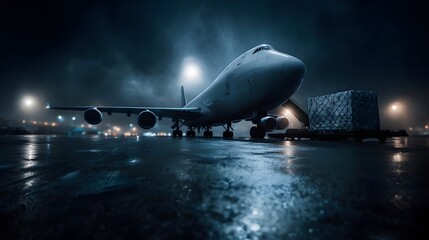 A cargo jet is parked on a wet airport tar at night bathed in atmospheric lighting and ready for freight ope ns
