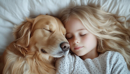 Peaceful child resting closely against furry golden retriever, sharing warm companionship on plush white bedding