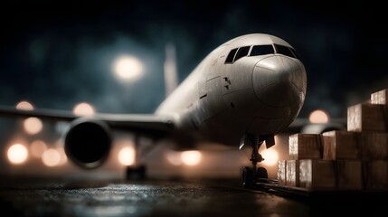 Fototapeta premium A commercial cargo airplane stands on the airport tar at night with stacked delivery boxes nearby under atmospheric lighting
