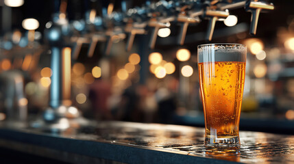 A tall pint glass filled with golden beer stands on a sleek, polished bar counter next to shiny beer taps. The atmosphere is vibrant and inviting, illuminated by warm lights