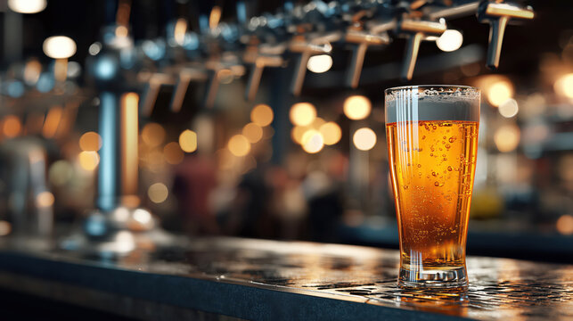 A tall pint glass filled with golden beer stands on a sleek, polished bar counter next to shiny beer taps. The atmosphere is vibrant and inviting, illuminated by warm lights