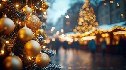 Glowing golden baubles illuminating festive christmas tree amid twinkling market lights, creating magical holiday atmosphere at dusk