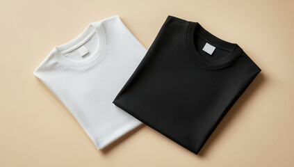 Basic folded white and black t-shirts isolated on a beige background, simple minimalist clothing apparel