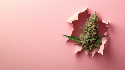 Cannabis bud breaking through torn pink paper, representing emergence, new ideas, growth, and natural plant medicine