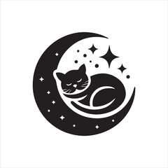 Stylized Black Cat Curled Asleep on Crescent Moon Surrounded by Stars.