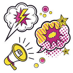 Dynamic pop art style comic book elements featuring a megaphone speech bubbles with lightning and stars and sound effects on a white background