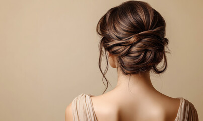 Back view of a model showing her elegant hairstyle, a sophisticated chignon bun, perfect for weddings and special occasions