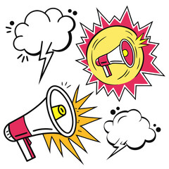 Retro comic book style illustration of two megaphones and speech bubbles with sound effects and bright colors on a white background