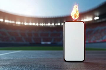 Mobile phone with blank white screen and olympic flame burning in front of a stadium at night, sport and technology concept