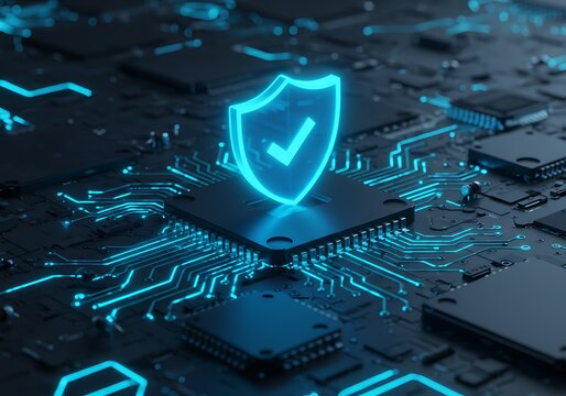 Cybersecurity concept: glowing shield icon on a computer chip.