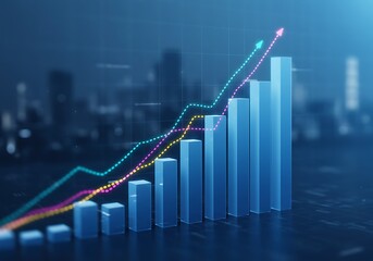 Stock market chart with rising bars and lines on a blue background.