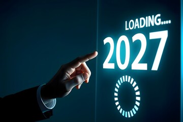 A hand points to a loading screen with the year twenty twenty seven in bright neon blue light glow effect
