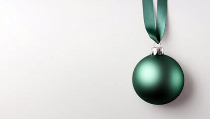 Christmas bauble suspended from verdant ribbon, casting seasonal cheer against pristine backdrop