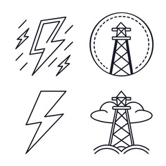 Collection of simple line art icons representing electricity and power transmission towers in various stylized designs